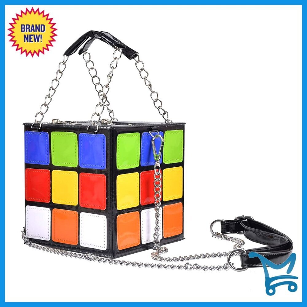 PU Leather Cube Shoulder Bag Crossbody Chain Handle 5.75 Inch Square Purse